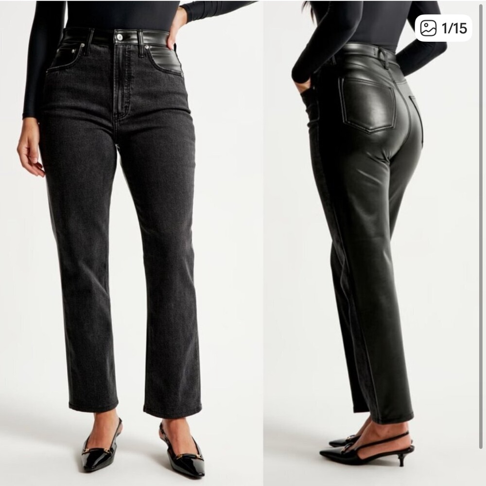 Abercrombie & Fitch Black Denim and Vegan Leather Ankle Straight Ultra High Rise